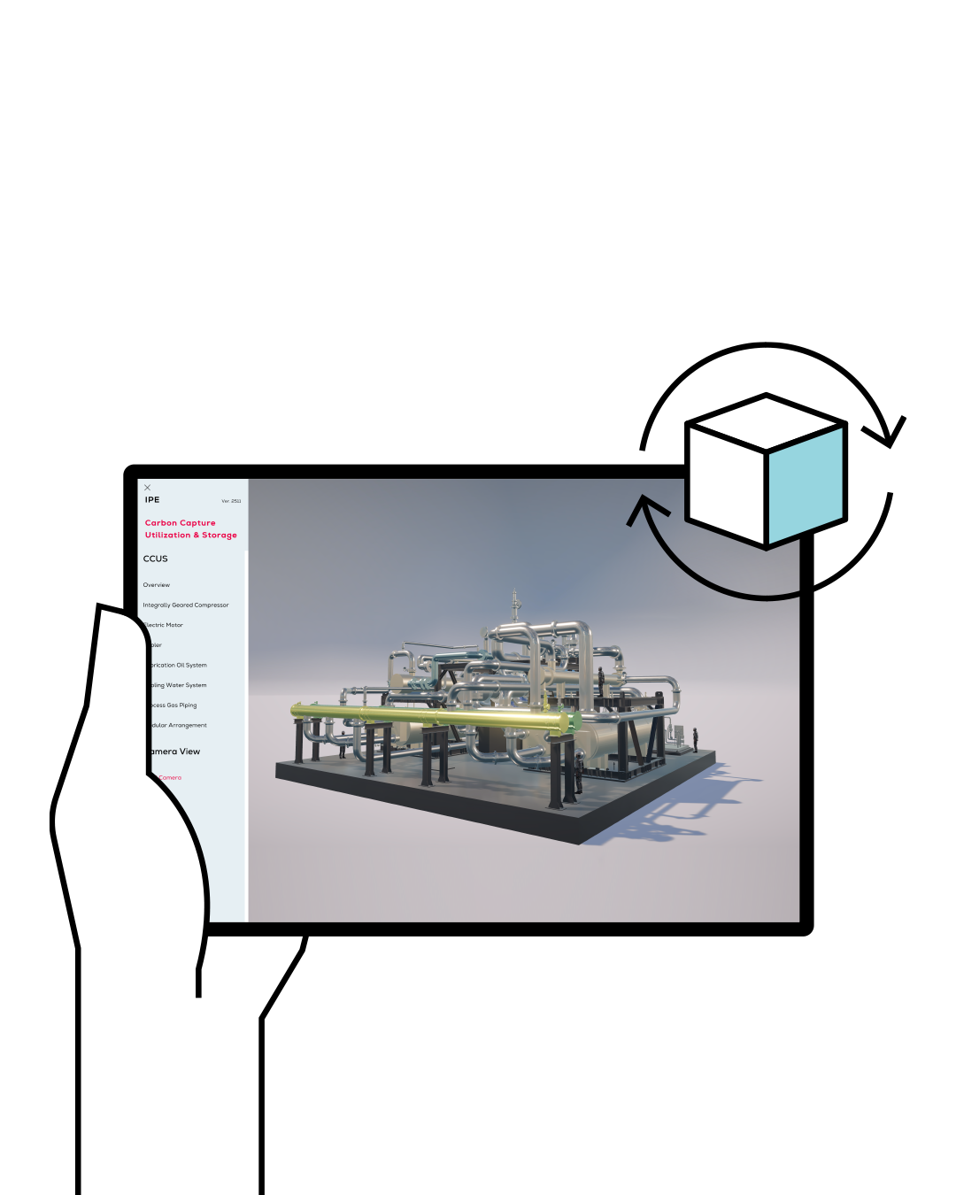 Visual of an illustrated hand with a tablet viewing the IPE 3D tool
