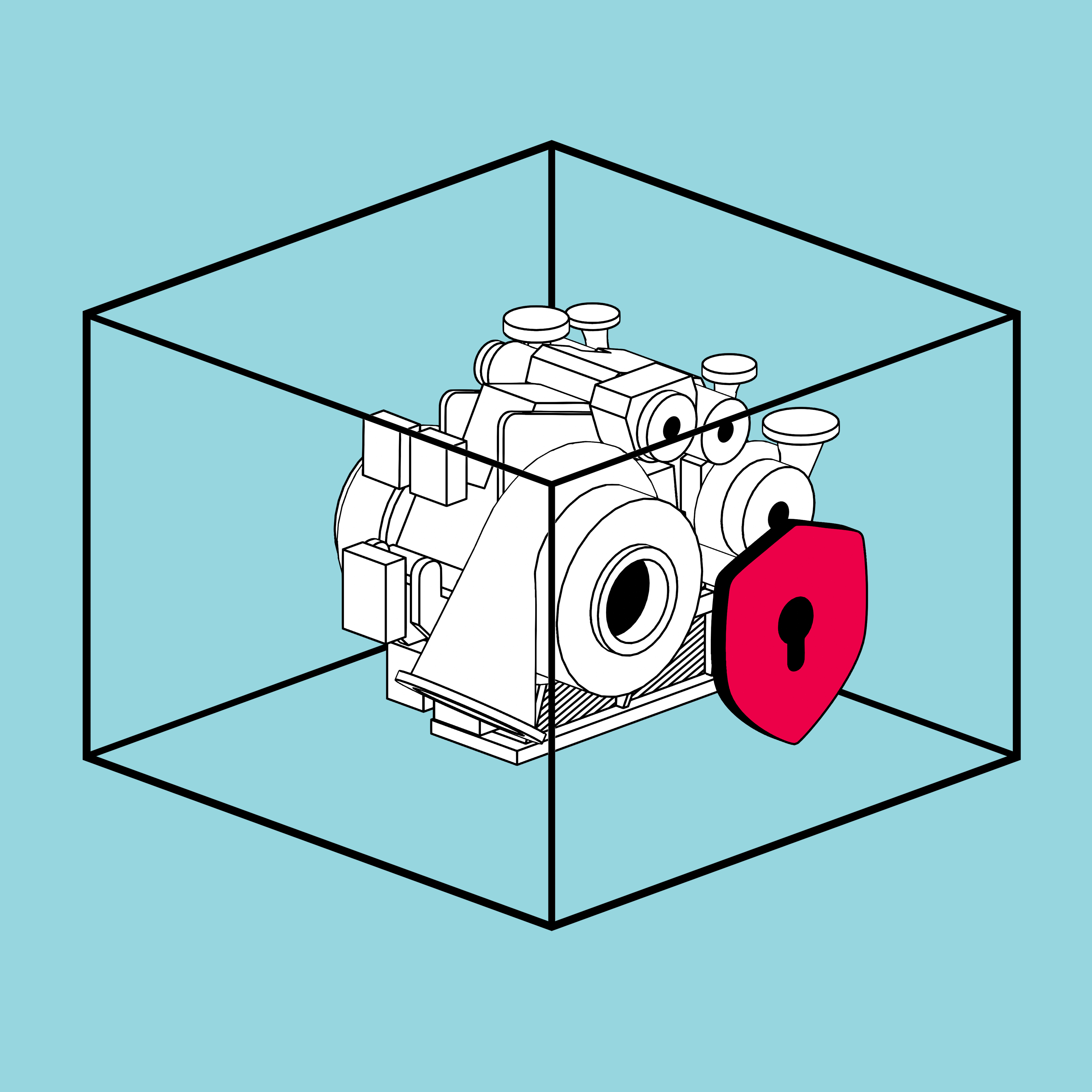 Illustration of industrial machine inside a transparent box with a red shield and keyhole symbol