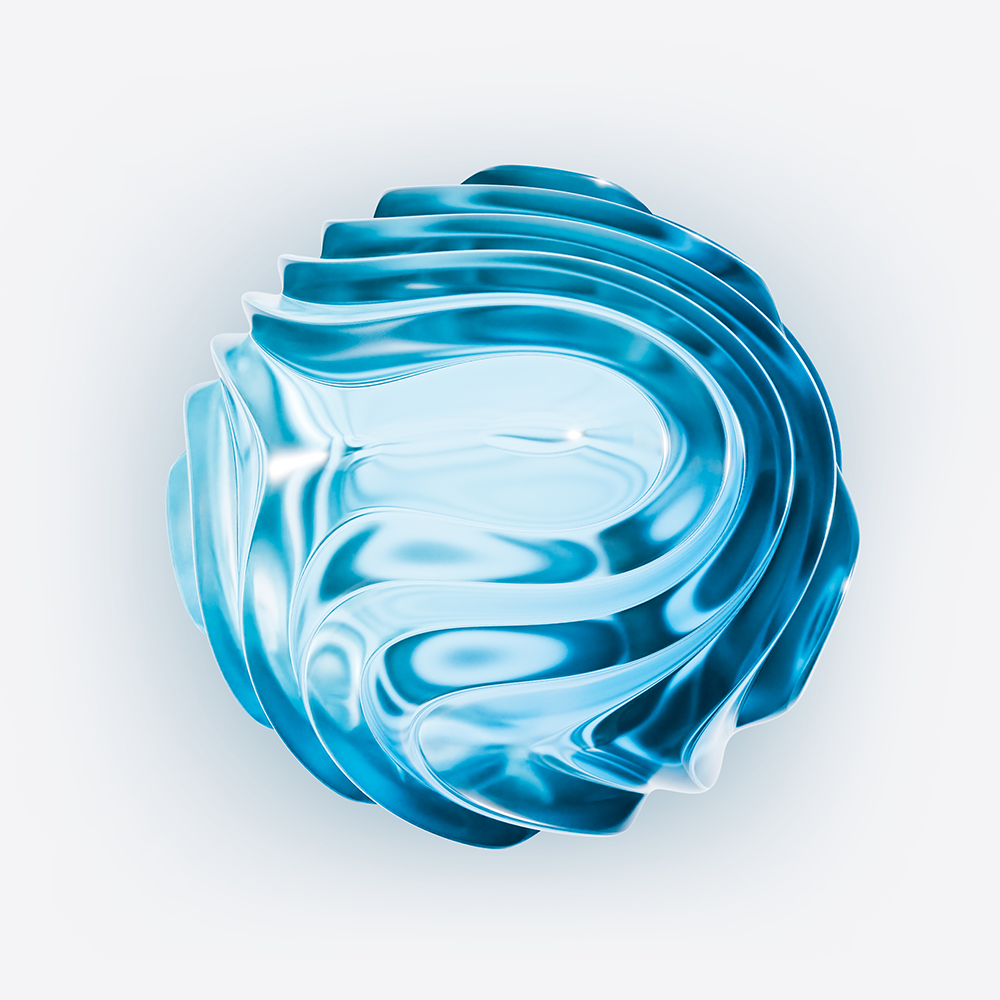 Abstract blue sphere with curved transparent layers and light effects
