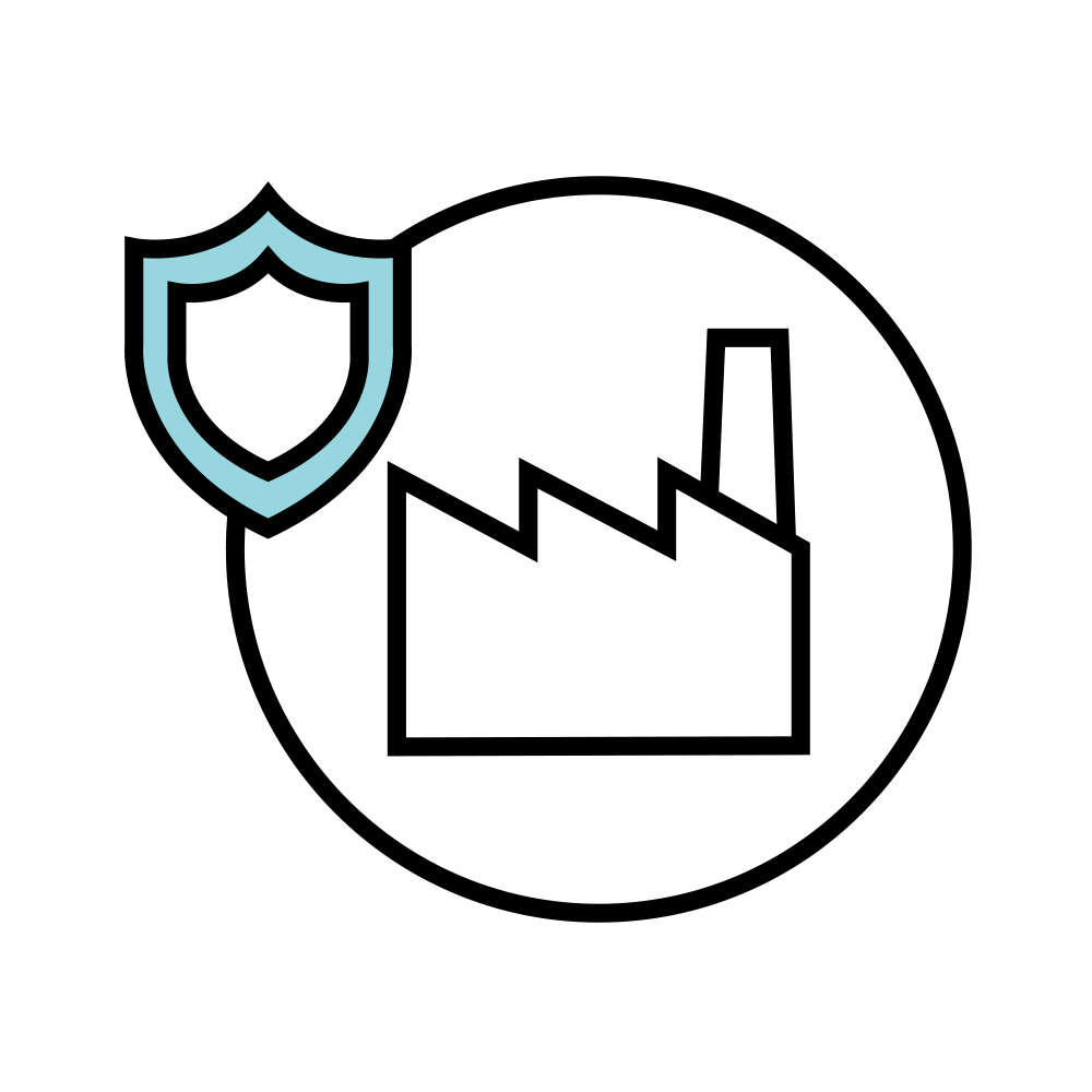 Factory building icon with shield symbol for industrial security