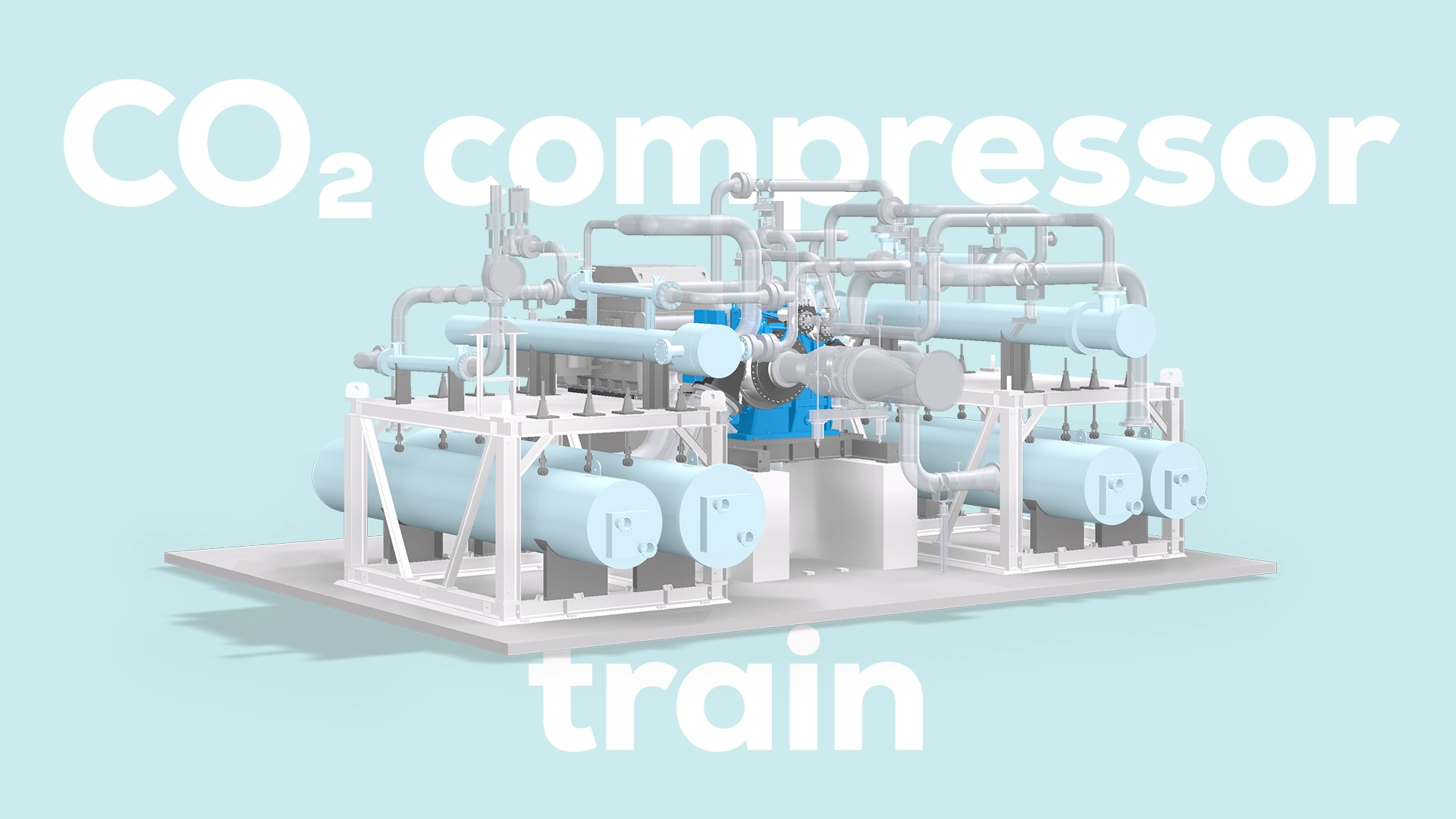 Industrial CO₂ compressor system with pipelines and storage tanks on a platform