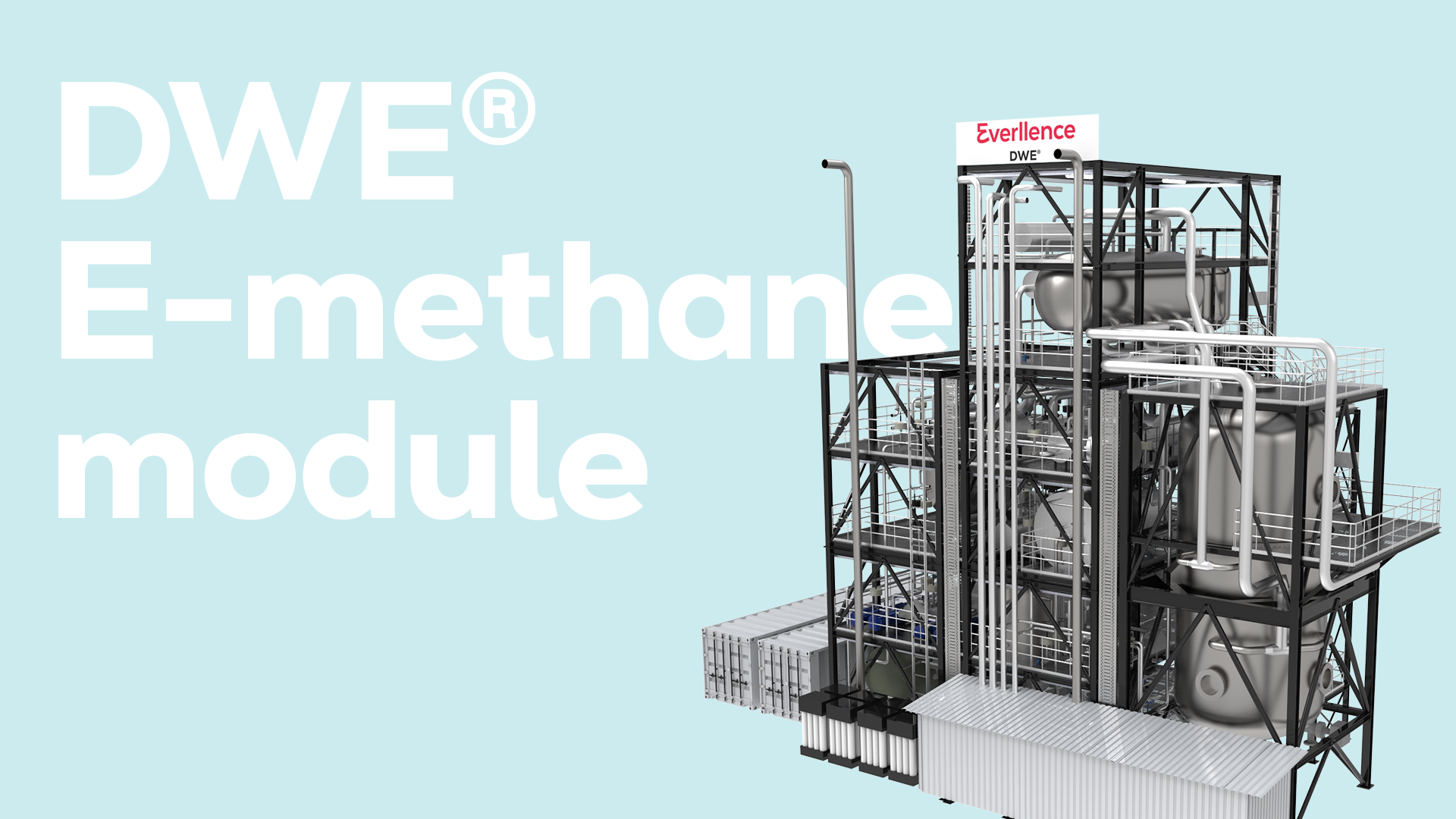 Tall modular DWE® SNG reactor with steel frame, tanks, and connected pipelines