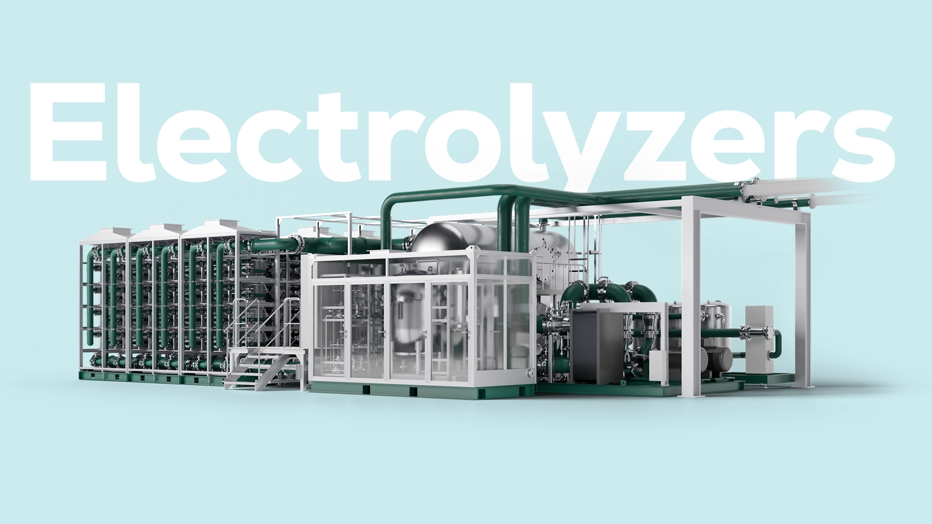 Electrolyzer system with tanks, pipes, and modular containers on a platform