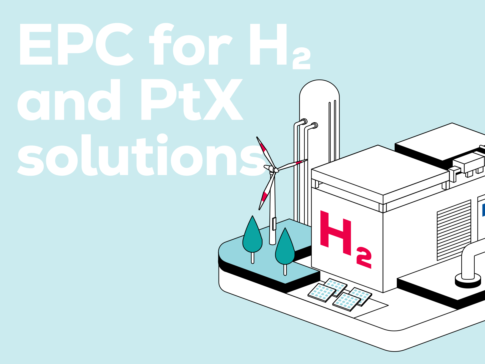Illustration of an H₂ plant with wind turbines, tanks, and solar panels