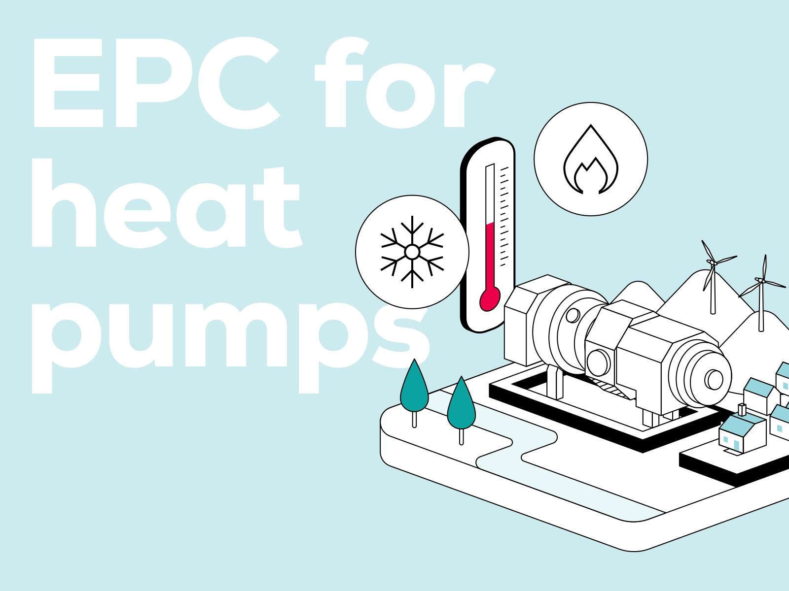 Illustration of large heat pumps with icons for heating, cooling, and renewables