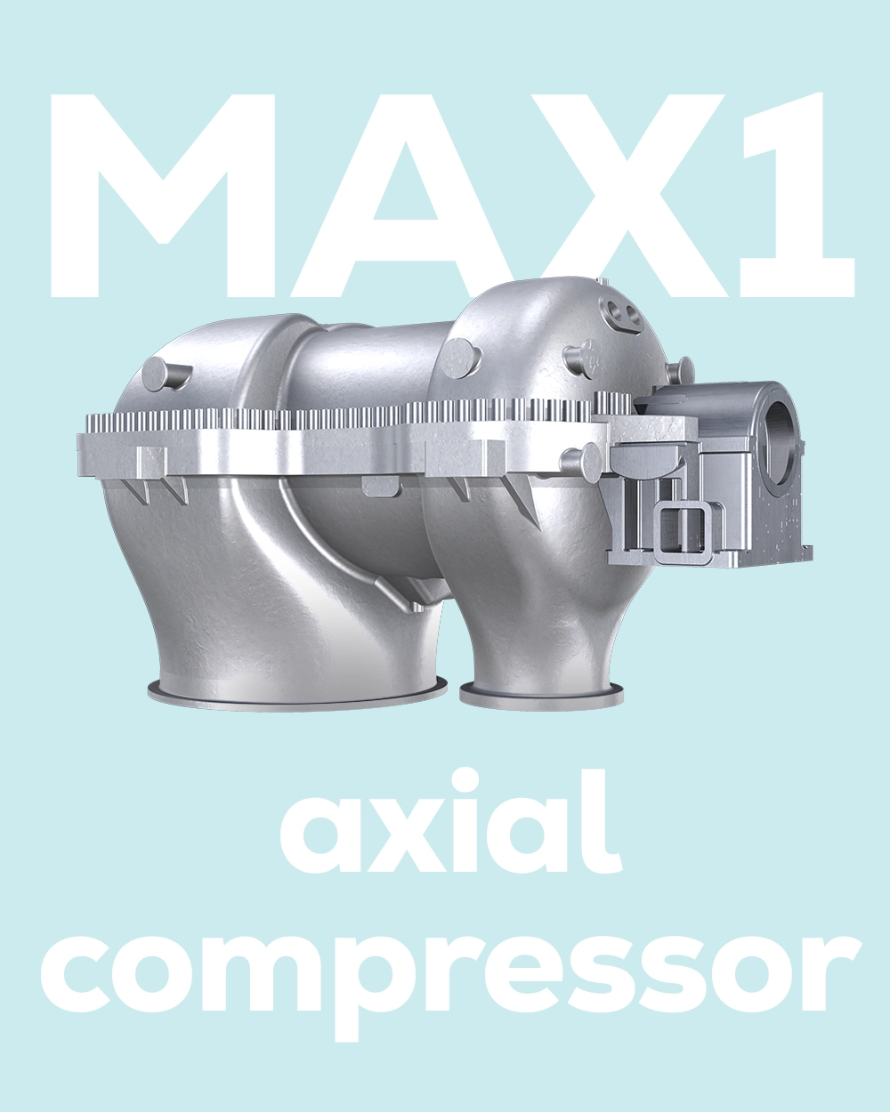 3D model of a silver flue gas compressor with axial design on blue background