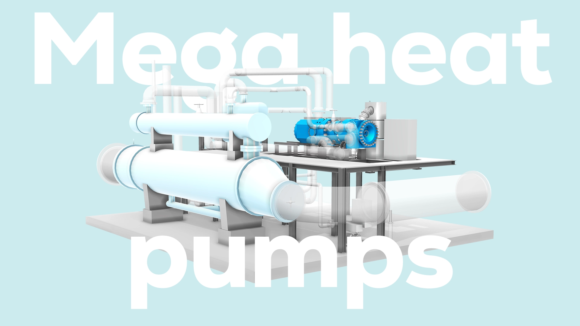 Large industrial heat pump system with pipes, tanks, and turbine unit on platform