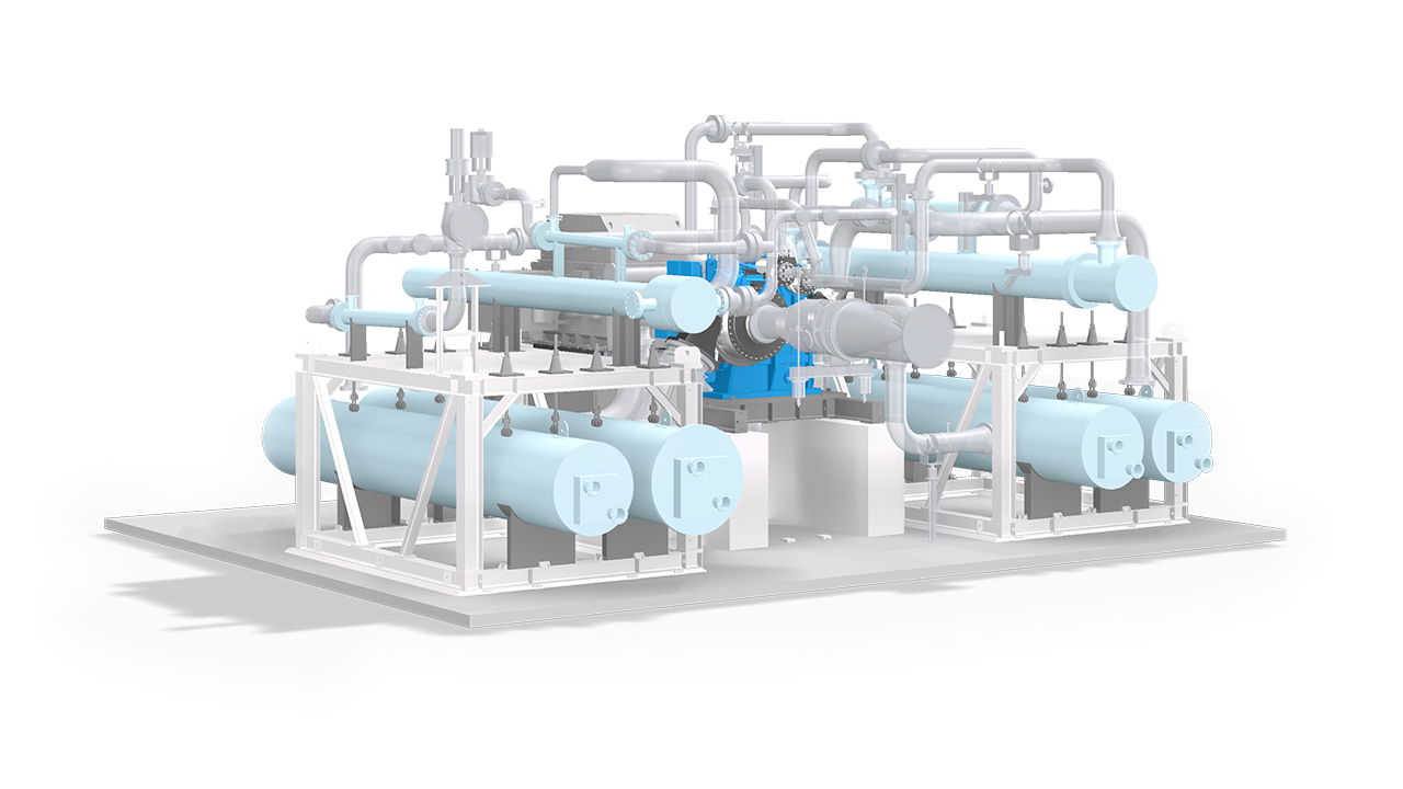 3D rendering of a CO₂ compressor train with tanks and pipelines on a platform