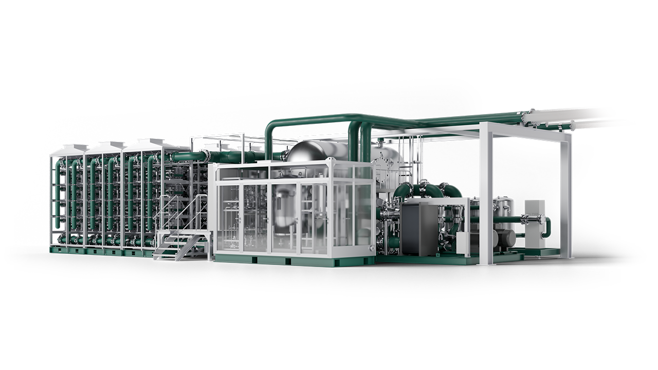 Electrolyzer system with tanks, green pipelines, and modular containers