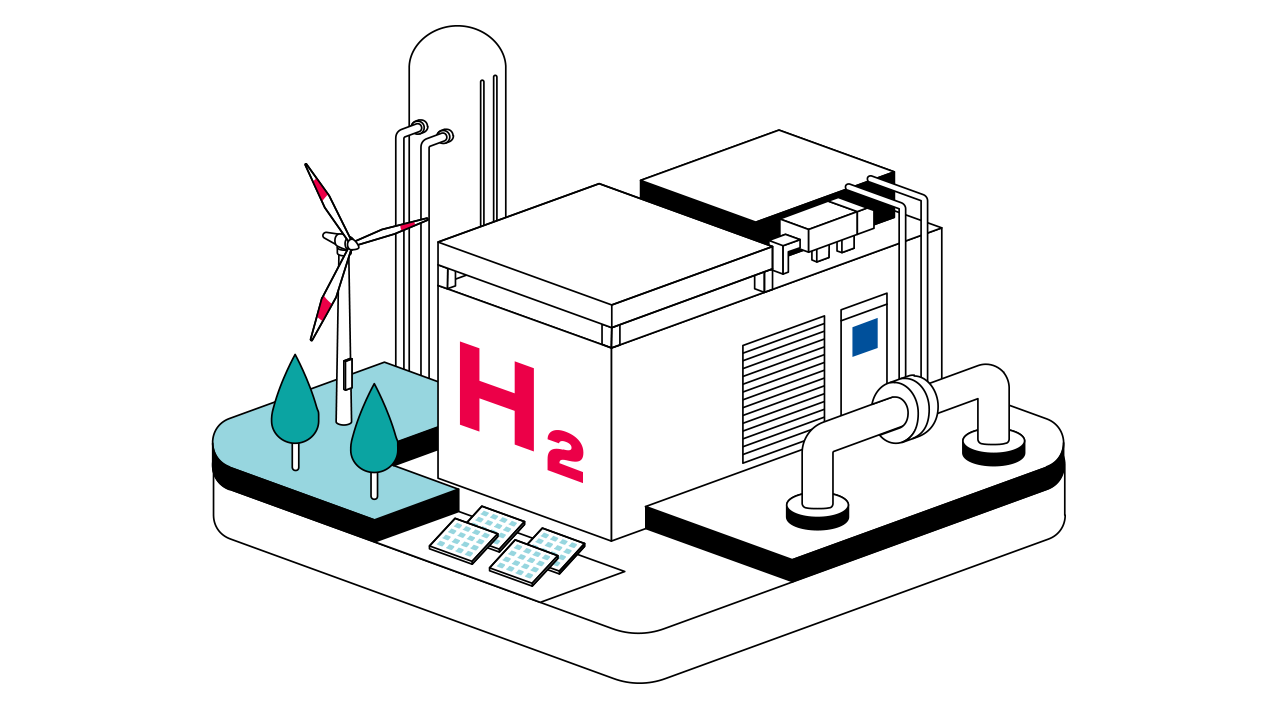 Illustration of hydrogen plant with H2 building, wind turbine, and solar panels