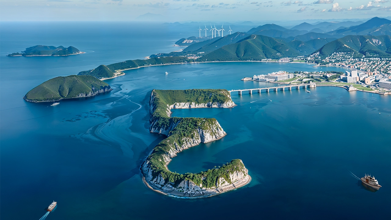 Aerial view of coastal islands shaped like the letter E with wind turbines in background