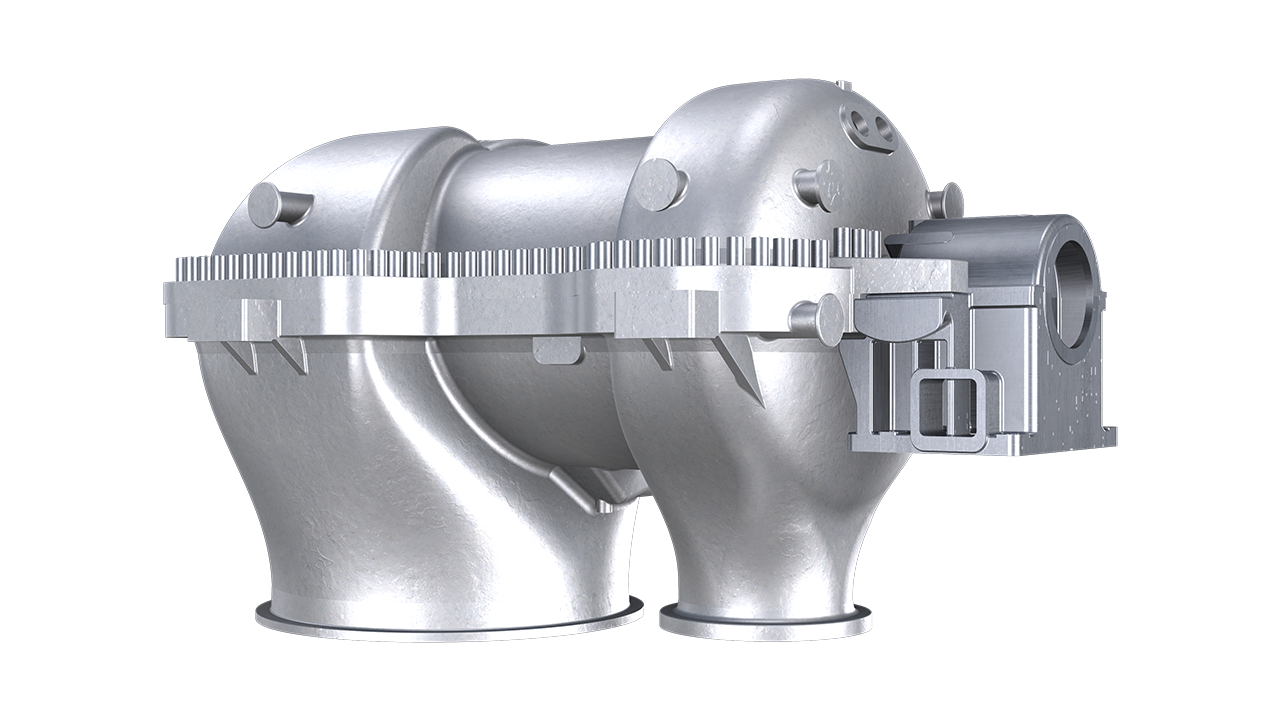 Close-up rendering of a silver MAX1 axial compressor with robust casing