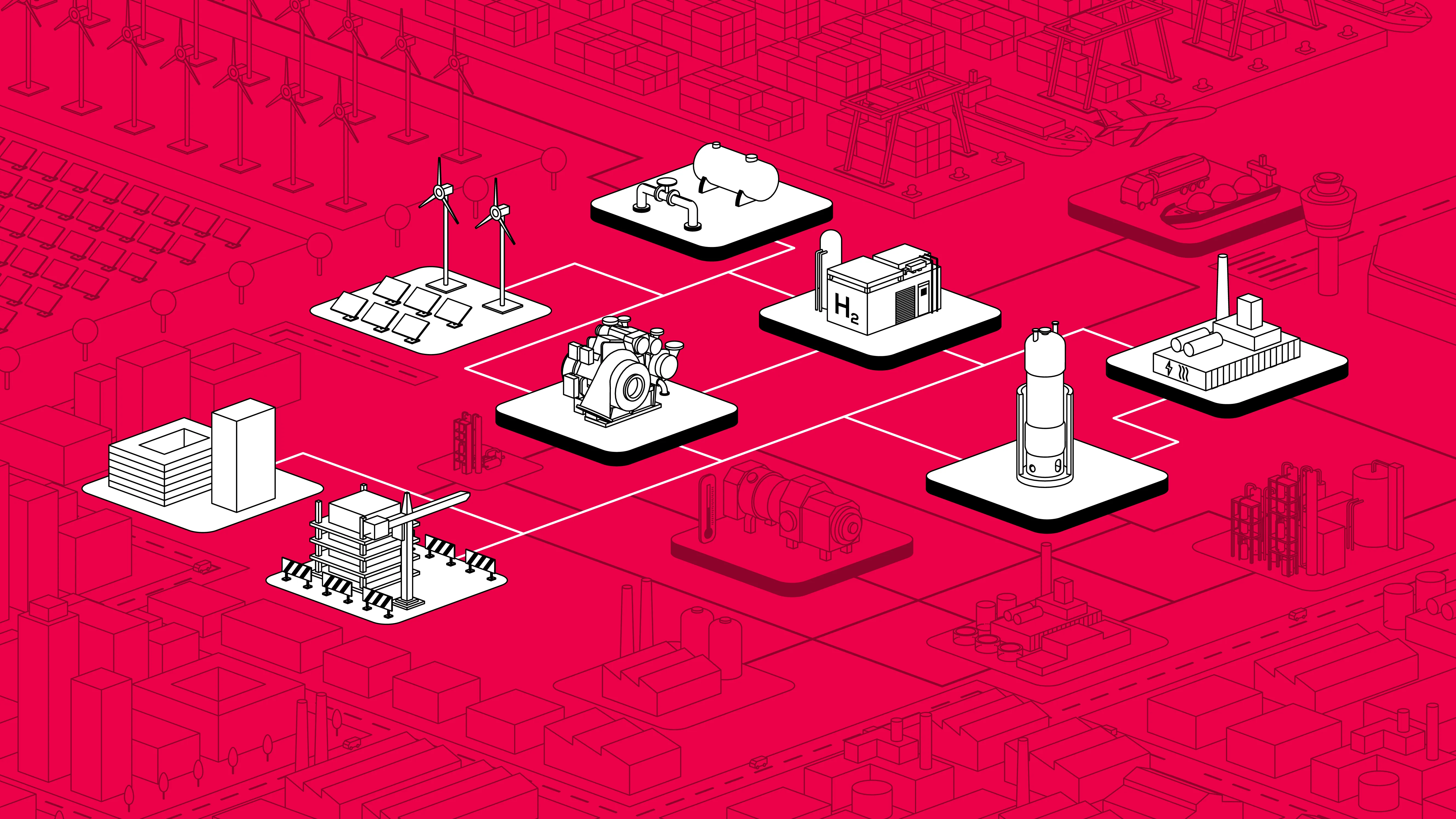 Industrial process illustration showing production of synthetic green fuels