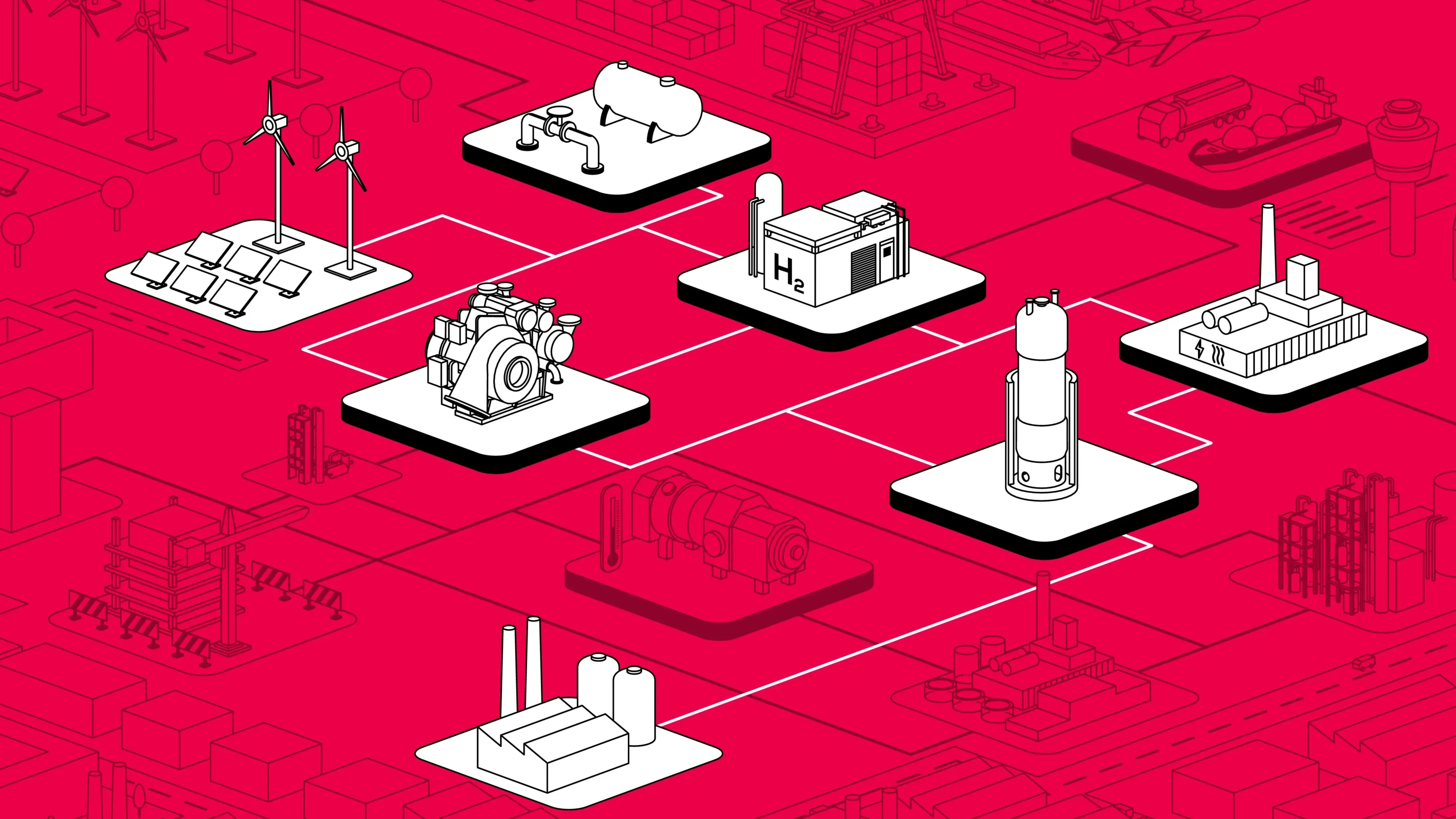 Industrial process illustration showing production of synthetic green fuels