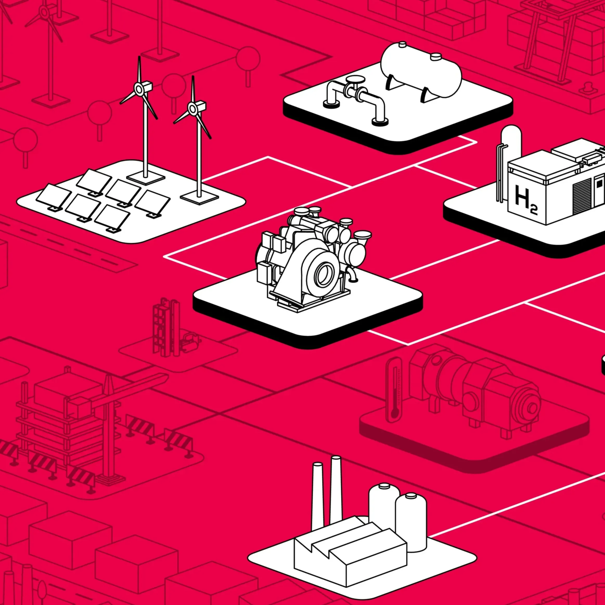 Industrial process illustration showing production of synthetic green fuels