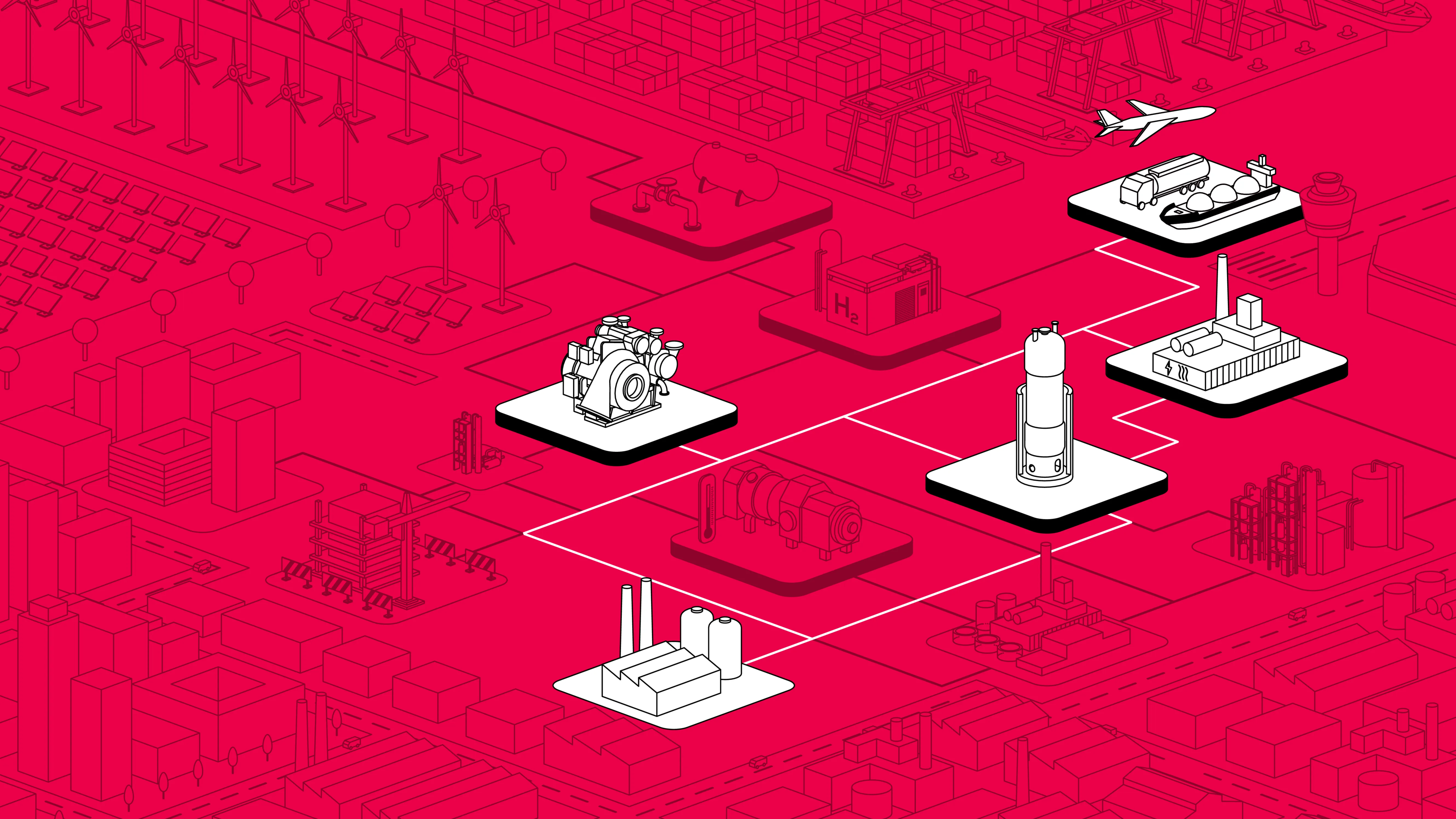 Industrial plan owner illustration depicting utilization of future synthetic fuels