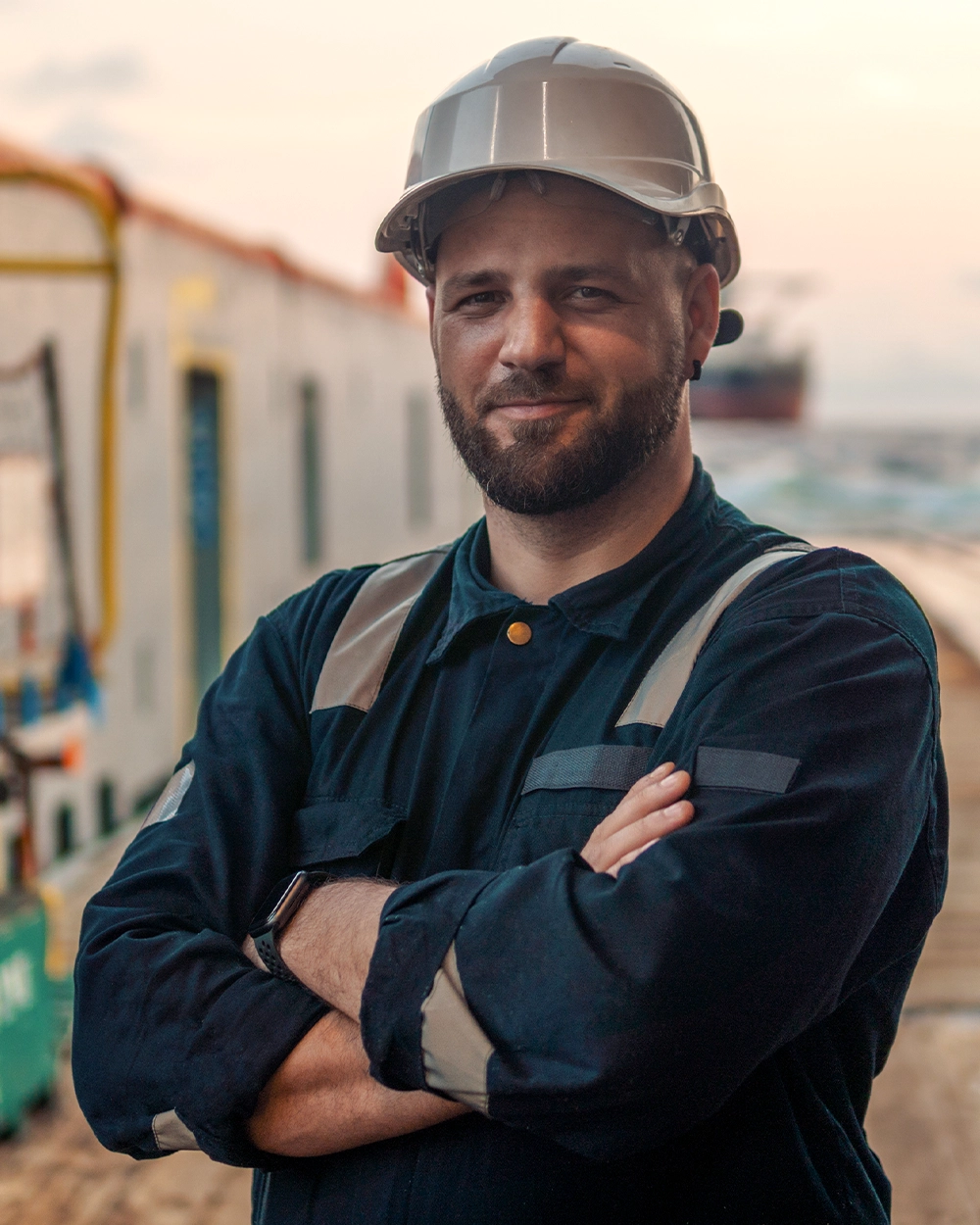 Industrial worker in protective gear and helmet smiling with arms crossed on site