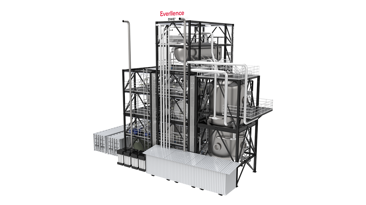 Tall industrial DWE® e-methane module with steel frame and multiple pipelines