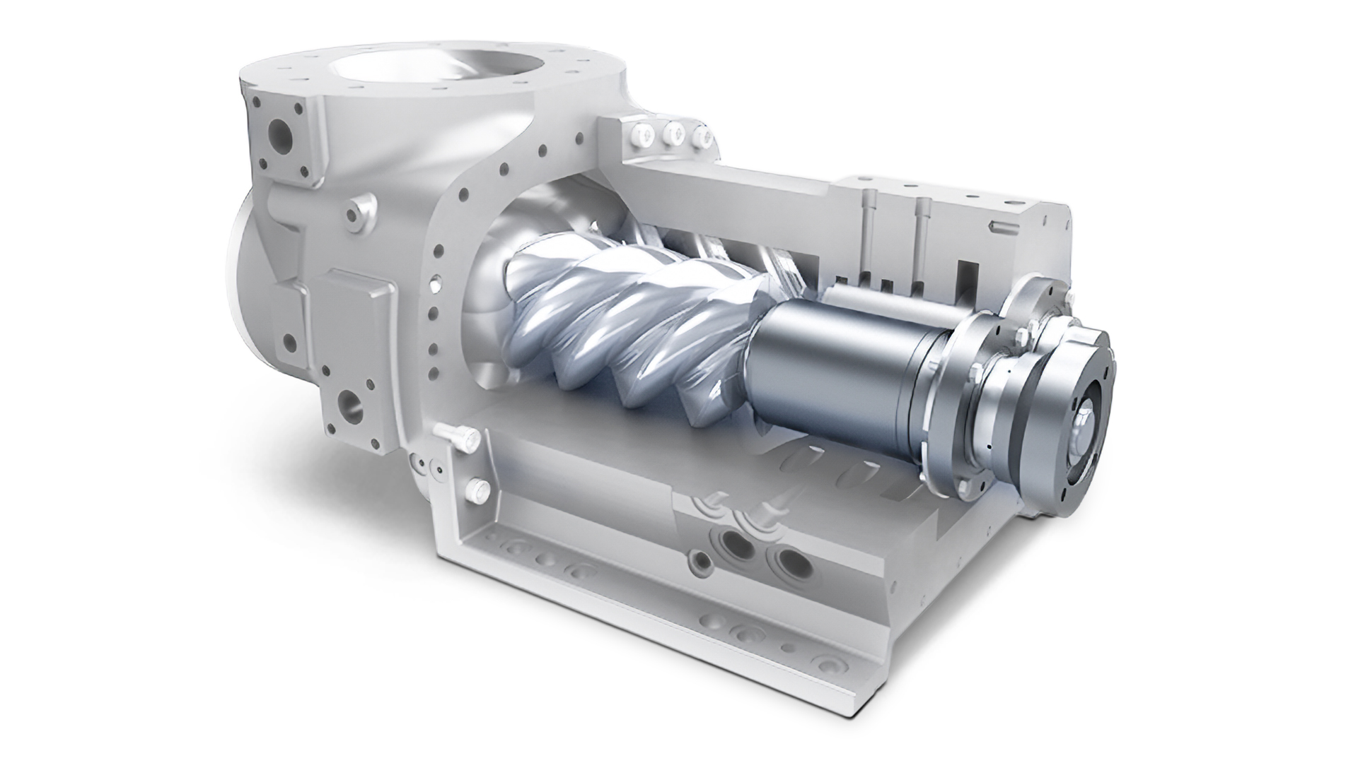 High-resolution visual of a compact screw compressor with partially open housing