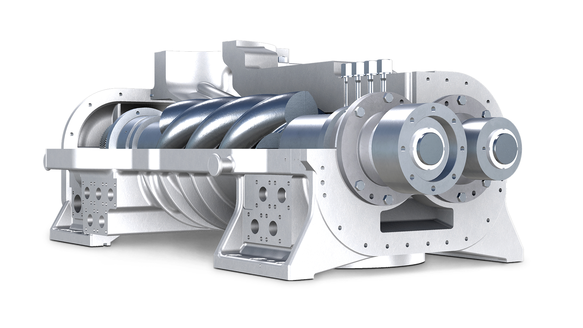 Side view of an open screw compressor showcasing rotor assembly and housing components