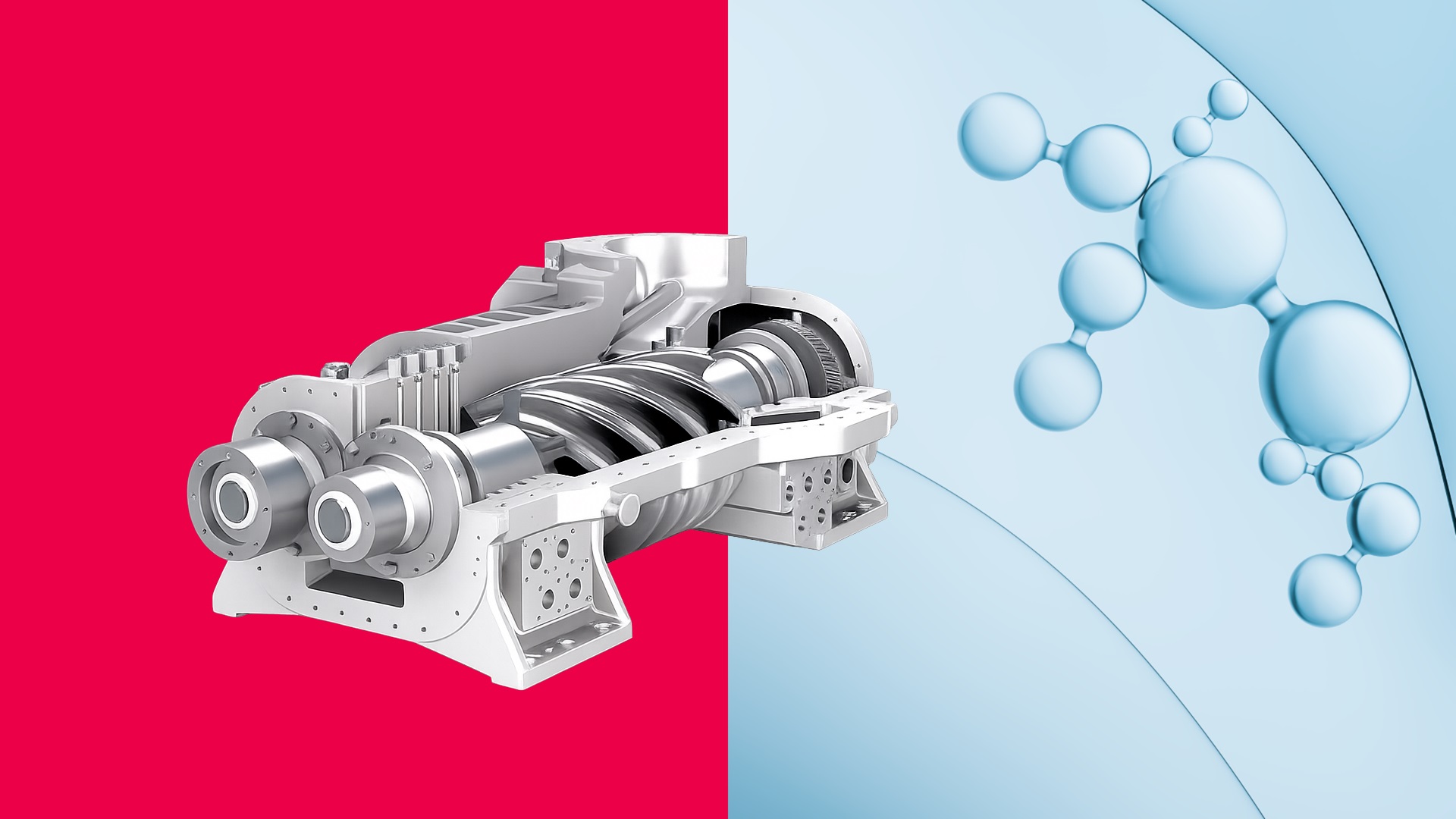 3D rendering of a cutaway screw compressor revealing the internal rotating compression elements