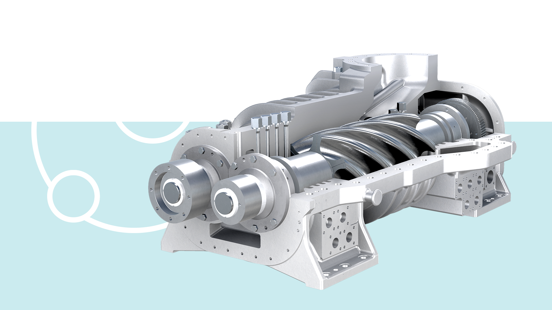 3D rendering of a cutaway screw compressor revealing the internal rotating compression elements