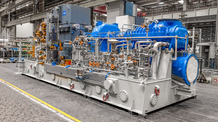 Industrial-scale hydrogen compression system installed in a production facility, part of the Hy4Chem project