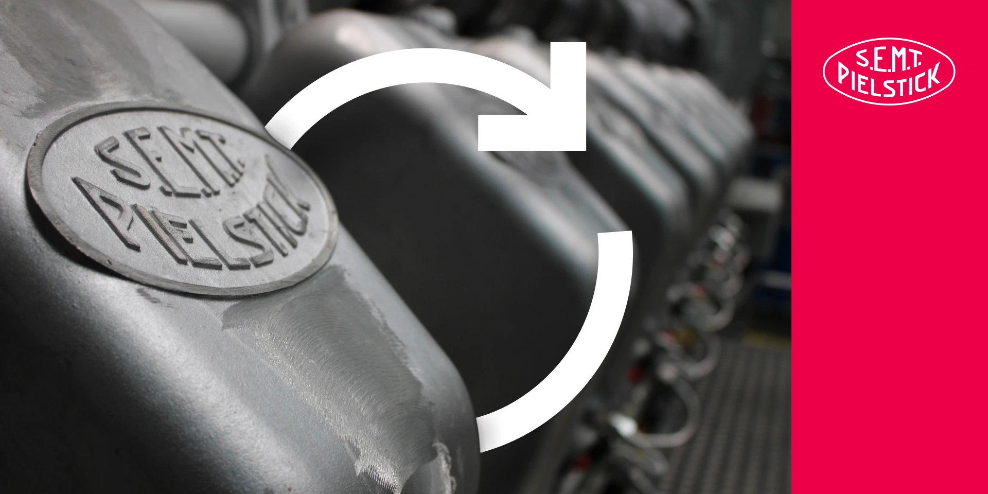 SEMT Pielstick engine with logo on it and circle arrow symbolizing retrofit