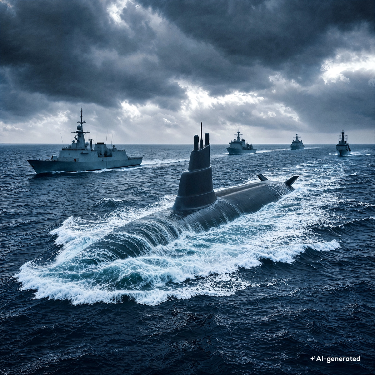 AI generated image of a submarine and some navy ships on open sea