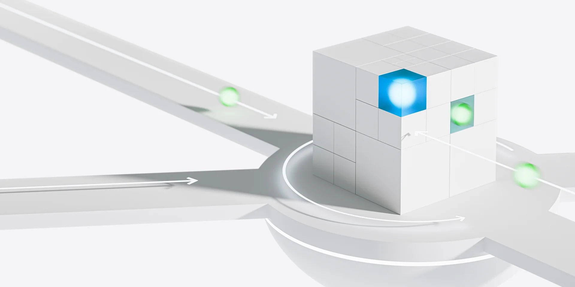 3D white cube at the center of a roundabout-like structure, with glowing blue and green squares and arrows showing flows in and out.