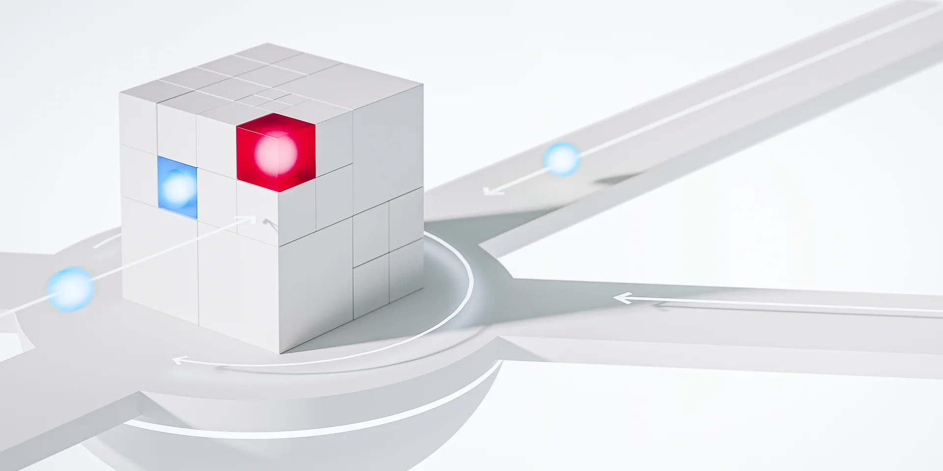 3D white cube with a glowing red corner block and a smaller blue block, with motion trails and arrows suggesting dynamic system control.