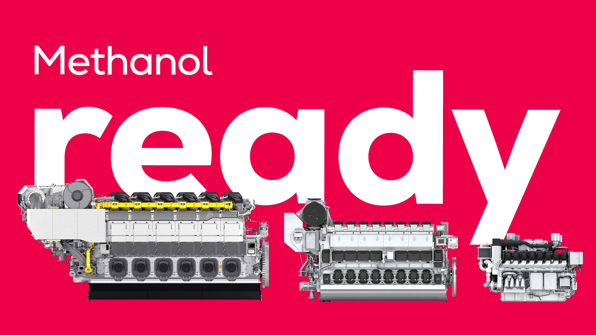 Image of three engine renderings with the text "Methanol ready" in the background