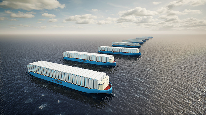 Line of identical light-blue Maersk container ships sailing on calm ocean under a partly cloudy sky
