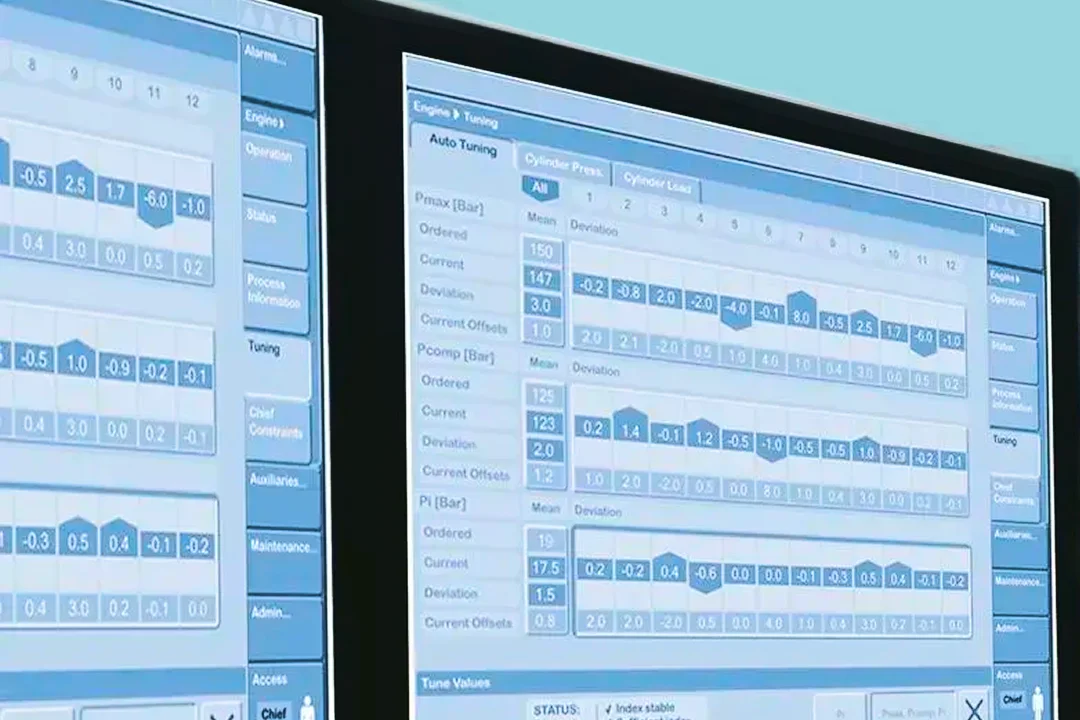 Close-up of two monitors displaying an engine-control dashboard of a software.