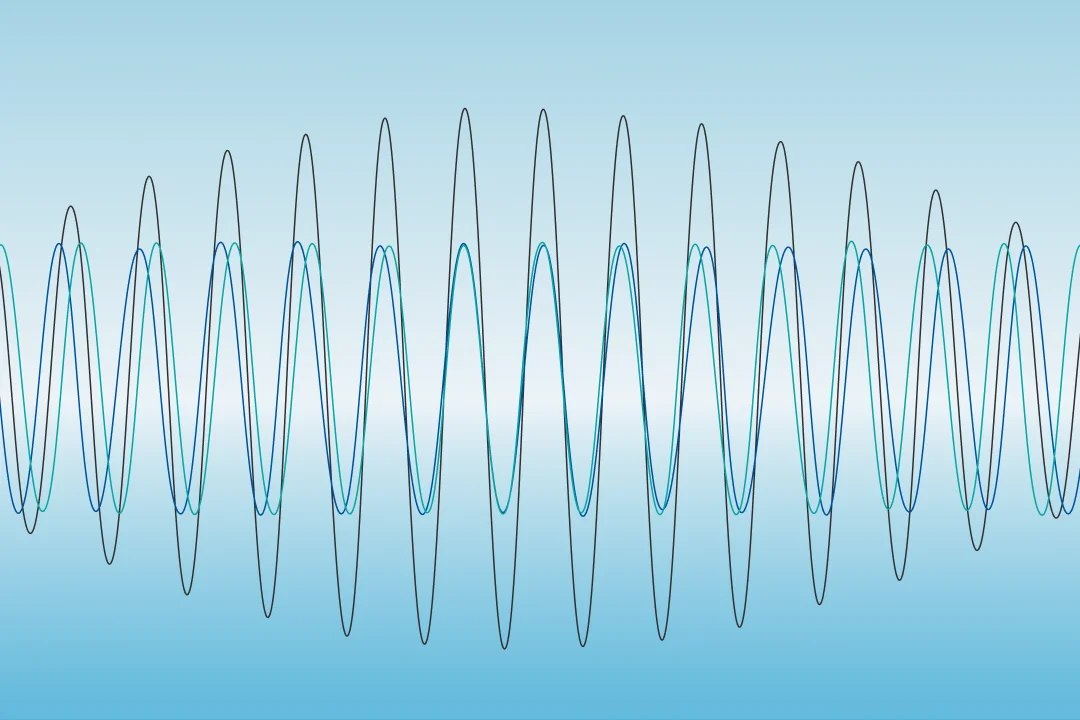 Series of overlapping sine waves in black, blue, and teal on a light blue gradient background, illustrating synchronized oscillations.