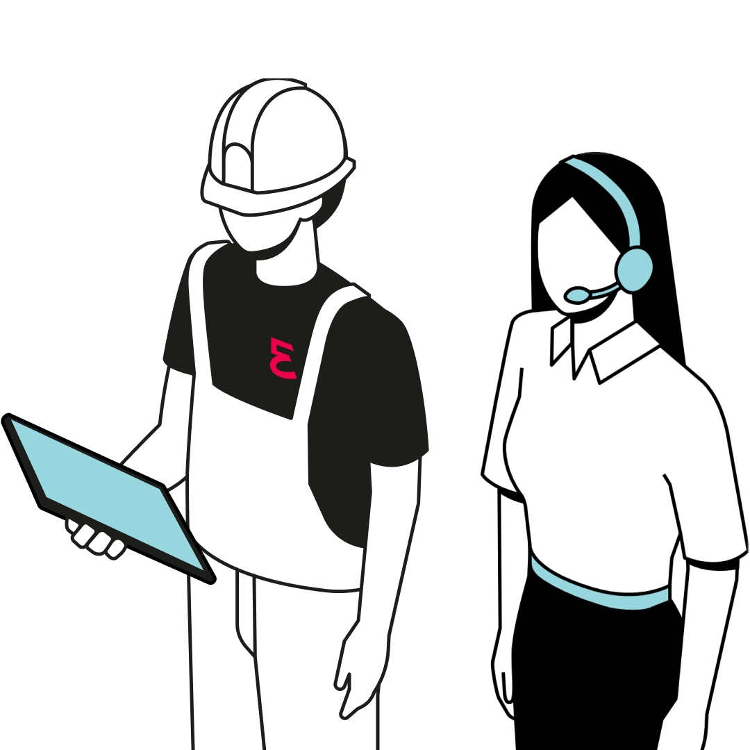illustration of two service employees, a man holding a tablet and a woman with a headset