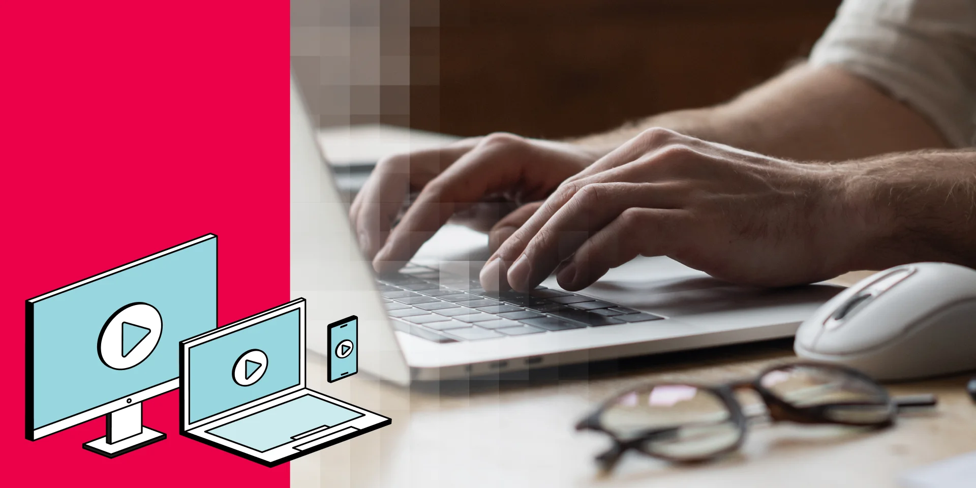 Hands typing on a laptop, with e-learning screen icons on a red panel.