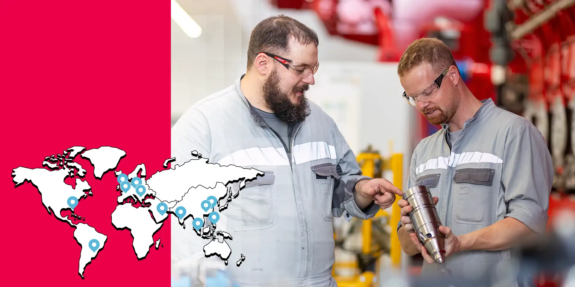 Two technicians reviewing a part, with a world map and location pins illustrated on the side.