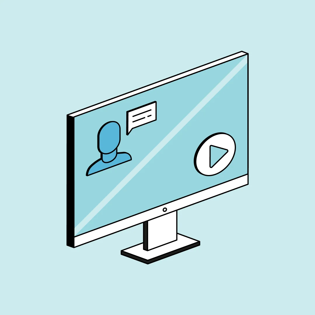 illustration of online session on a monitor with chat and play icons