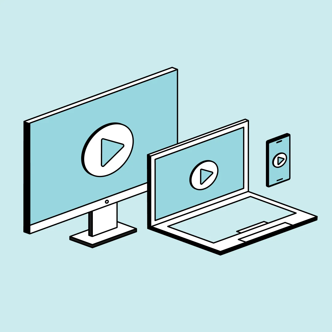 illustration of video learning on desktop, laptop, and phone screens