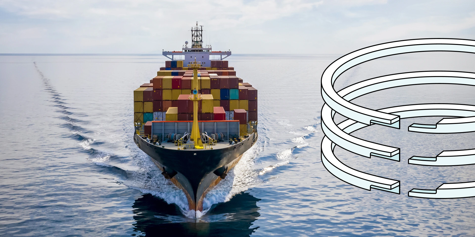 Container ship at sea with illustrated piston rings overlay.