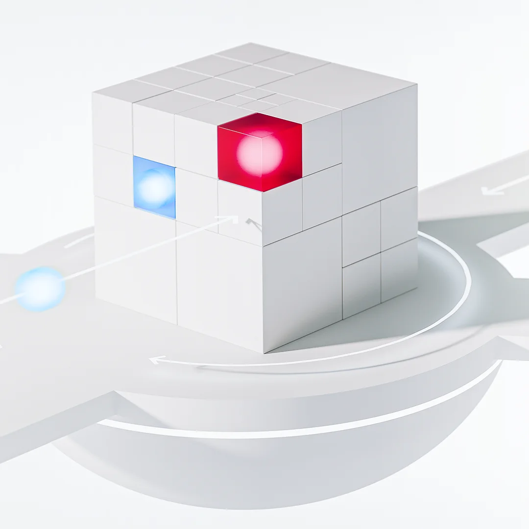 3D white cube on a blue platform with several floating glowing blue cubes around it, connected by subtle arrows symbolizing modular adjustments.