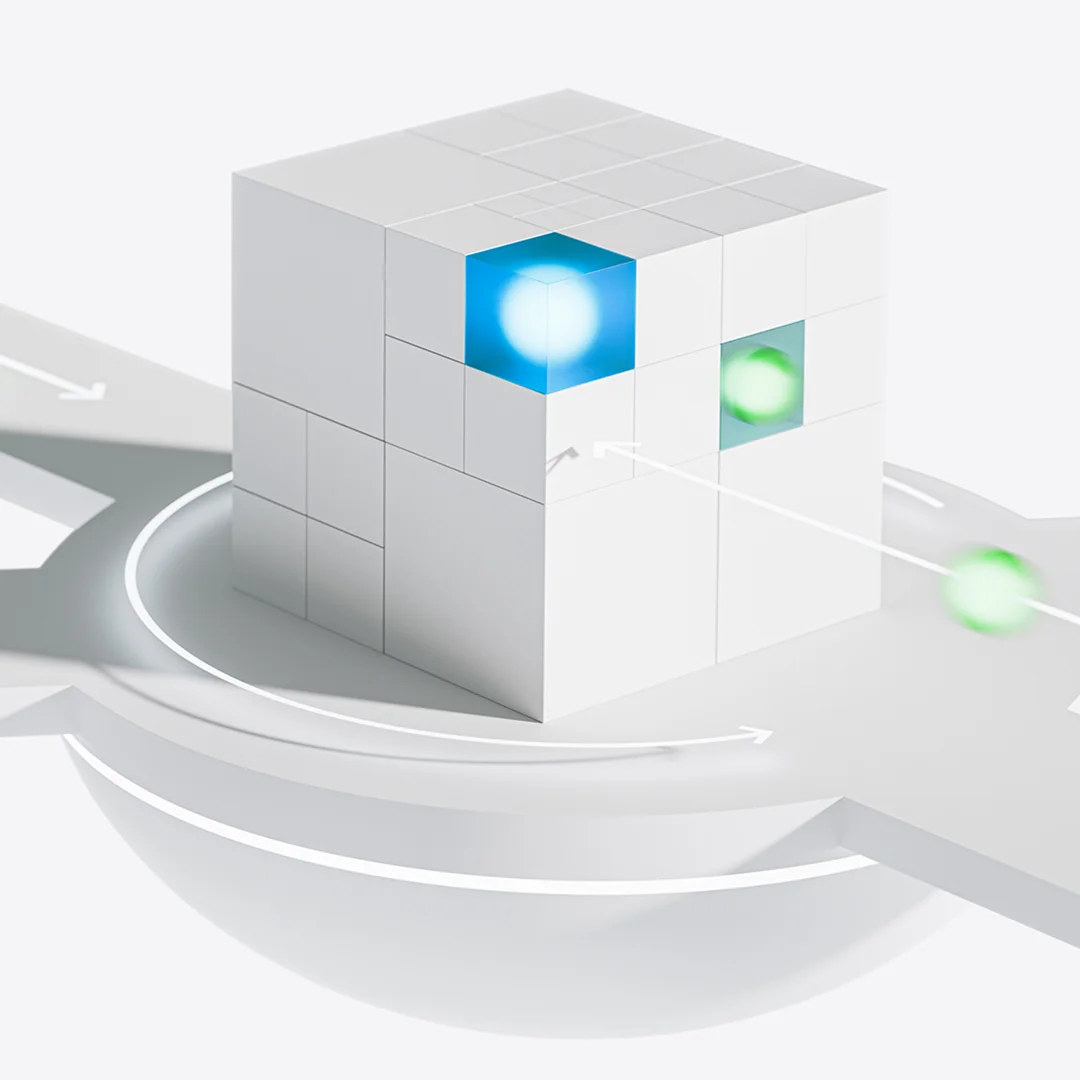 3D white cube at the center of a roundabout-like structure, with glowing blue and green squares and arrows showing flows in and out.