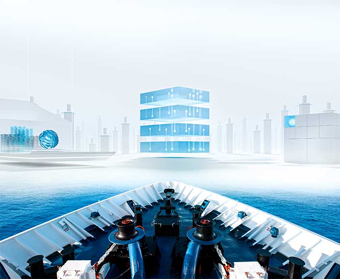 rendering of ship bow in front of city