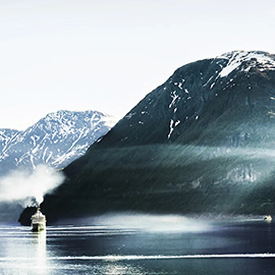 Mountains, ocean and ship