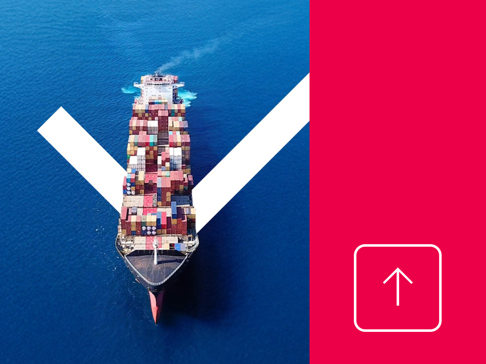picture collage arial view of container ship and icon of an arrow