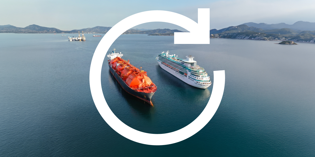 two ships at sea with circular arrow icon overlay