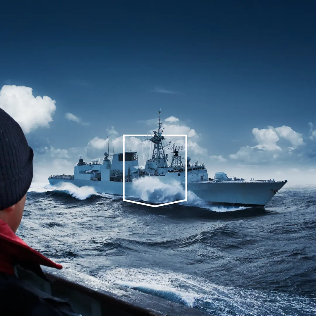 rendering of a navy ship on stormy water